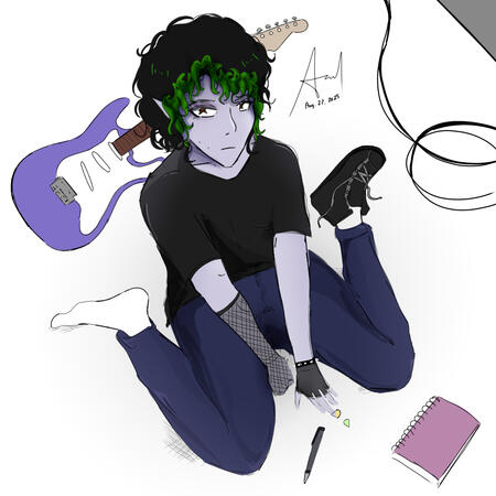 Arod vampire musician sits on the floor with his guitar