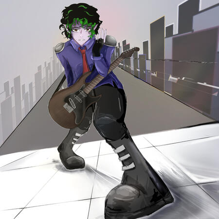 Arod, a 2D vampire who writes and makes alternative music. This is the album art for Arod's upcoming album "Fang Fiction"