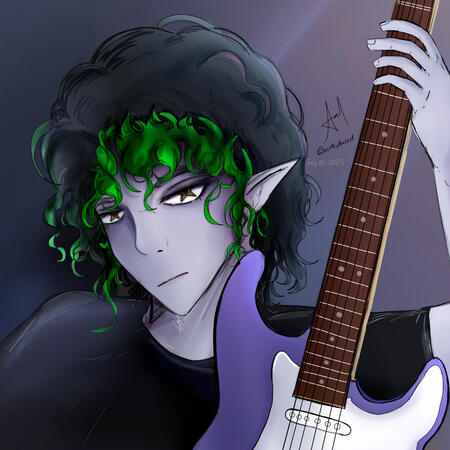 Arod, 2D vampire musician holds his purple stratocaster guitar